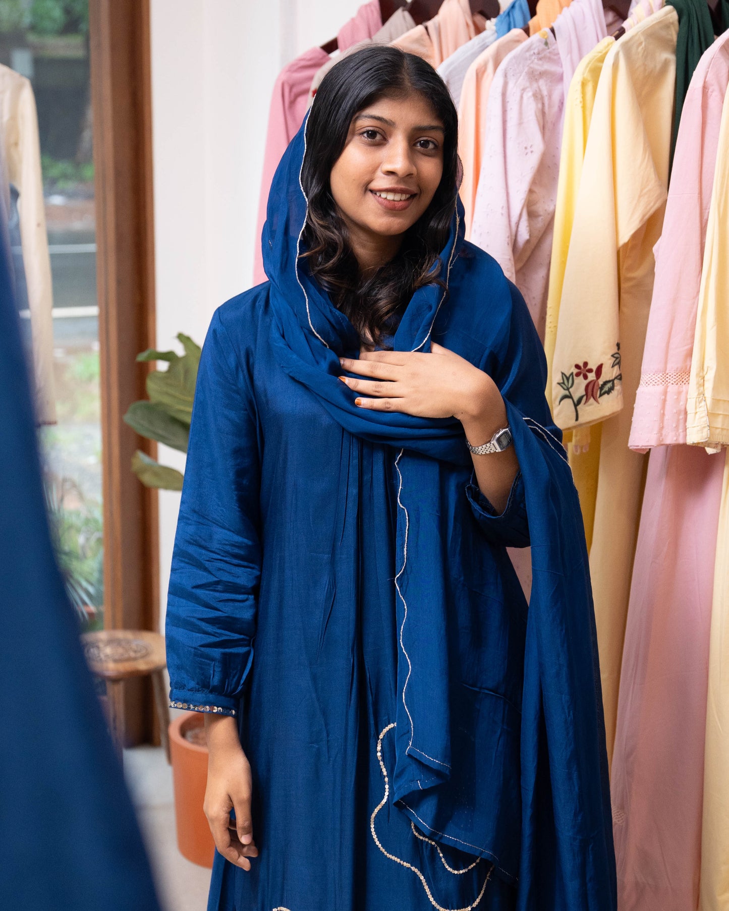 MY HOF Royale Blue Suit Set With Hand Embroidery In Muslin