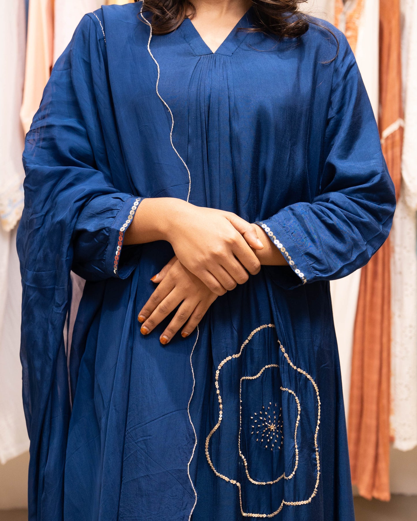 MY HOF Royale Blue Suit Set With Hand Embroidery In Muslin