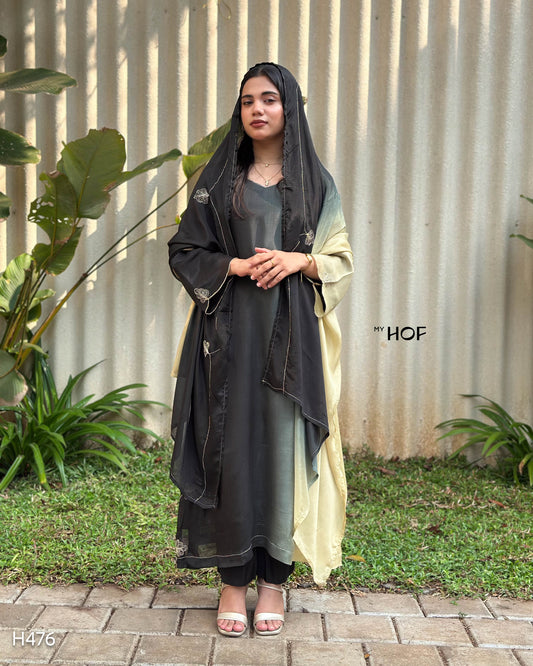 MY HOF Black Dual Shade Suit Set With Floral Embroidery In Crepe