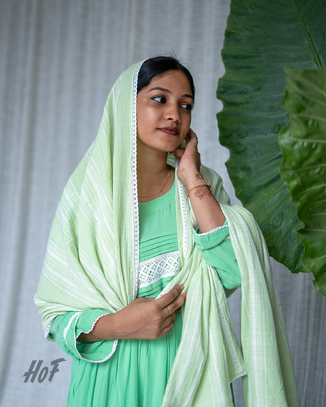 MyHof Pista Green Long Gown With Dupatta Set In Cotton