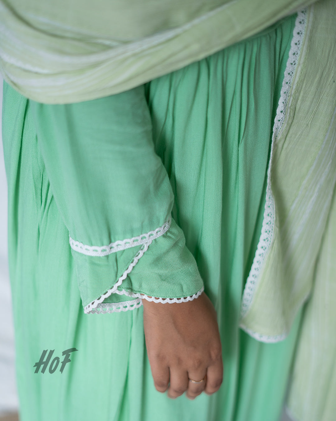 MyHof Pista Green Long Gown With Dupatta Set In Cotton