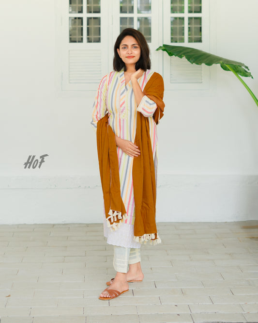 MyHof Women White Linear Cotton Suit Set