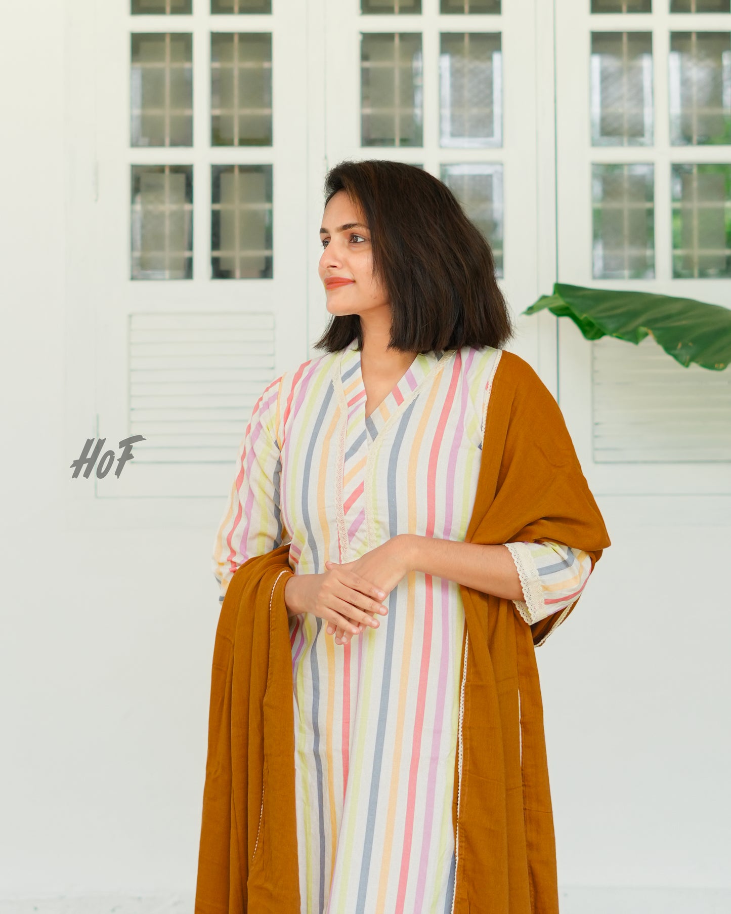 MyHof Women White Linear Cotton Suit Set