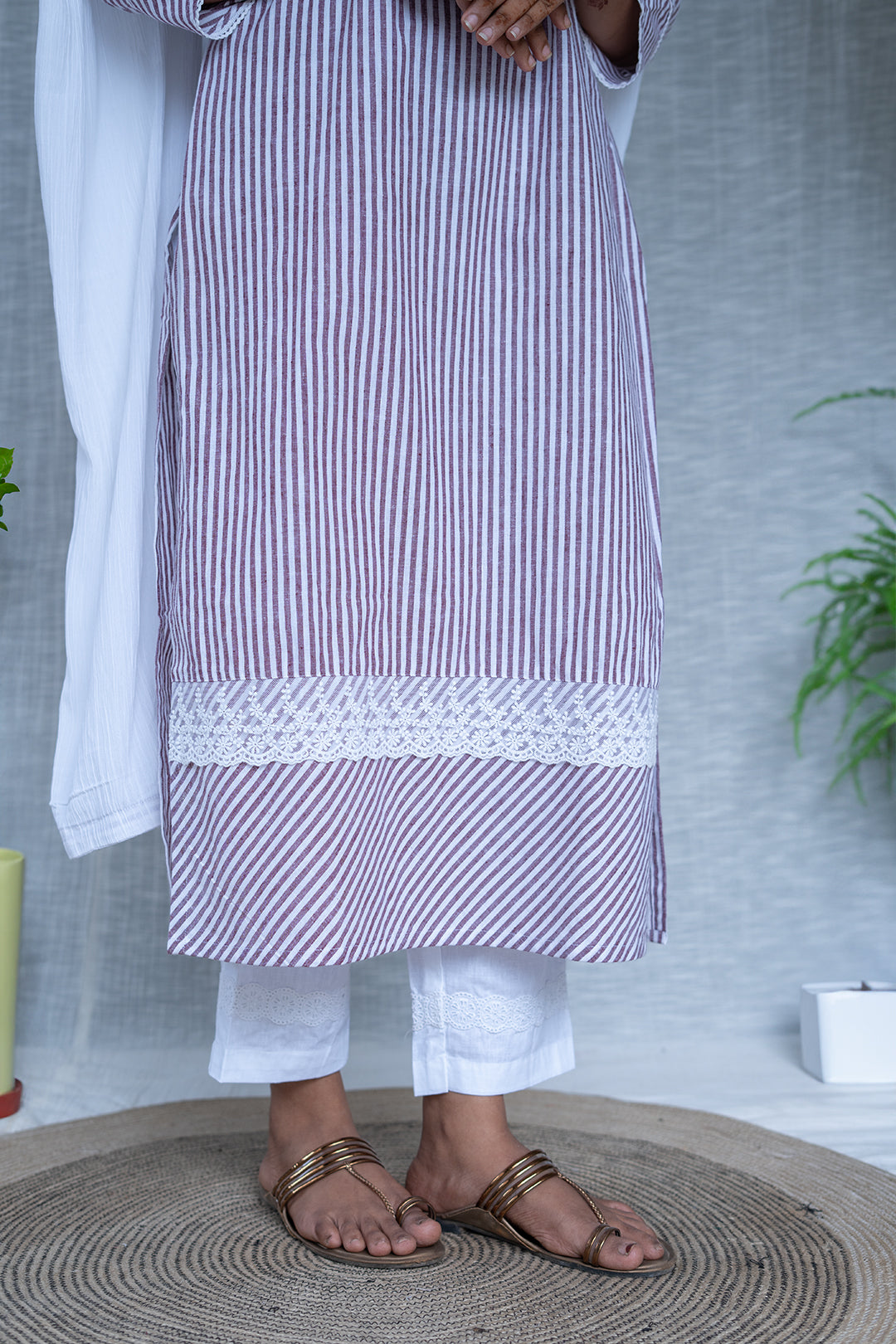 MyHof Light Brown Striped Suit Set In Cotton