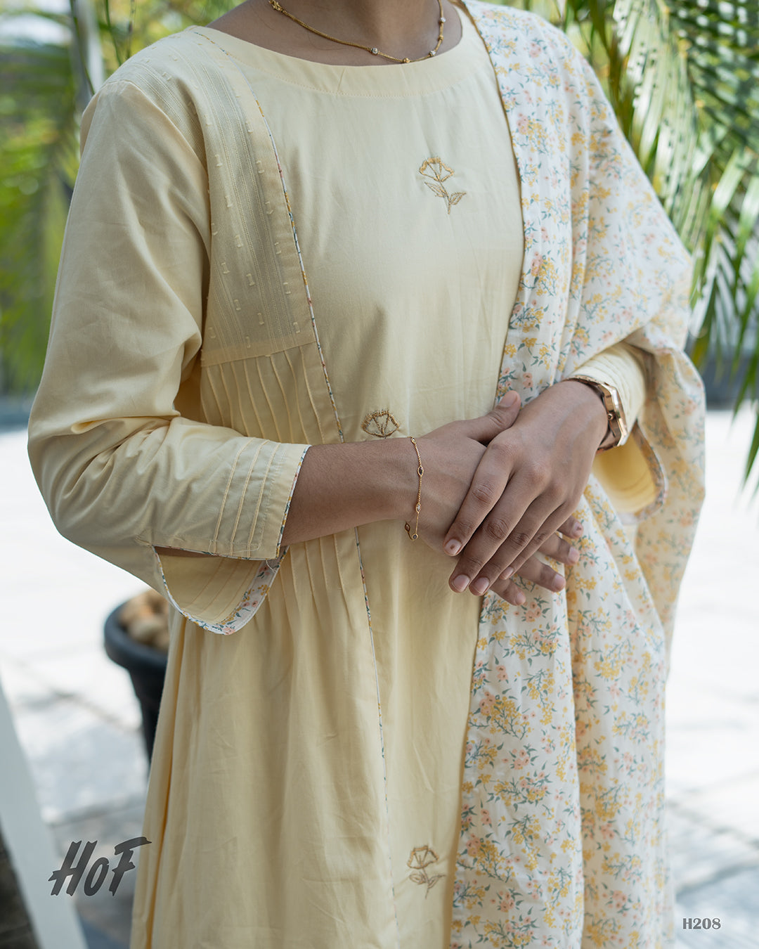 MyHof Dusty Yellow Suit Set With Floral Printed Dupatta In Cotton