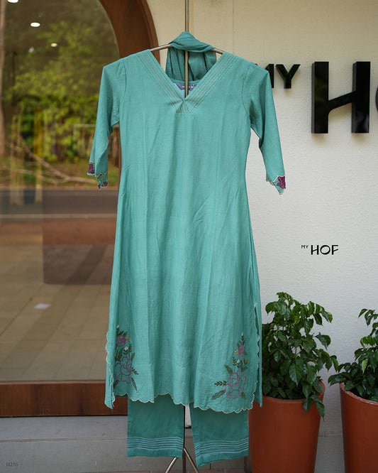 MyHof Pastel Green Suit Set With Floral Embroidery In Linen