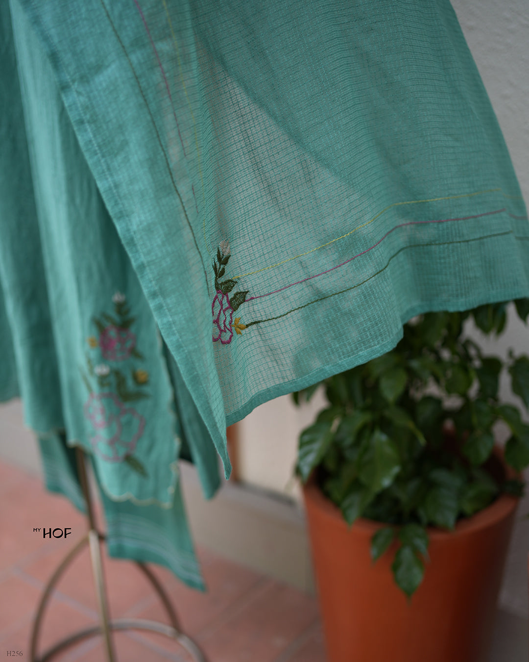 MyHof Pastel Green Suit Set With Floral Embroidery In Linen