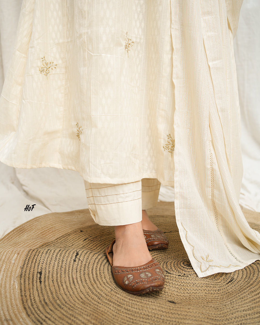 MyHof Off-White Suit Set With Floral Zari Embroidery In Cotton