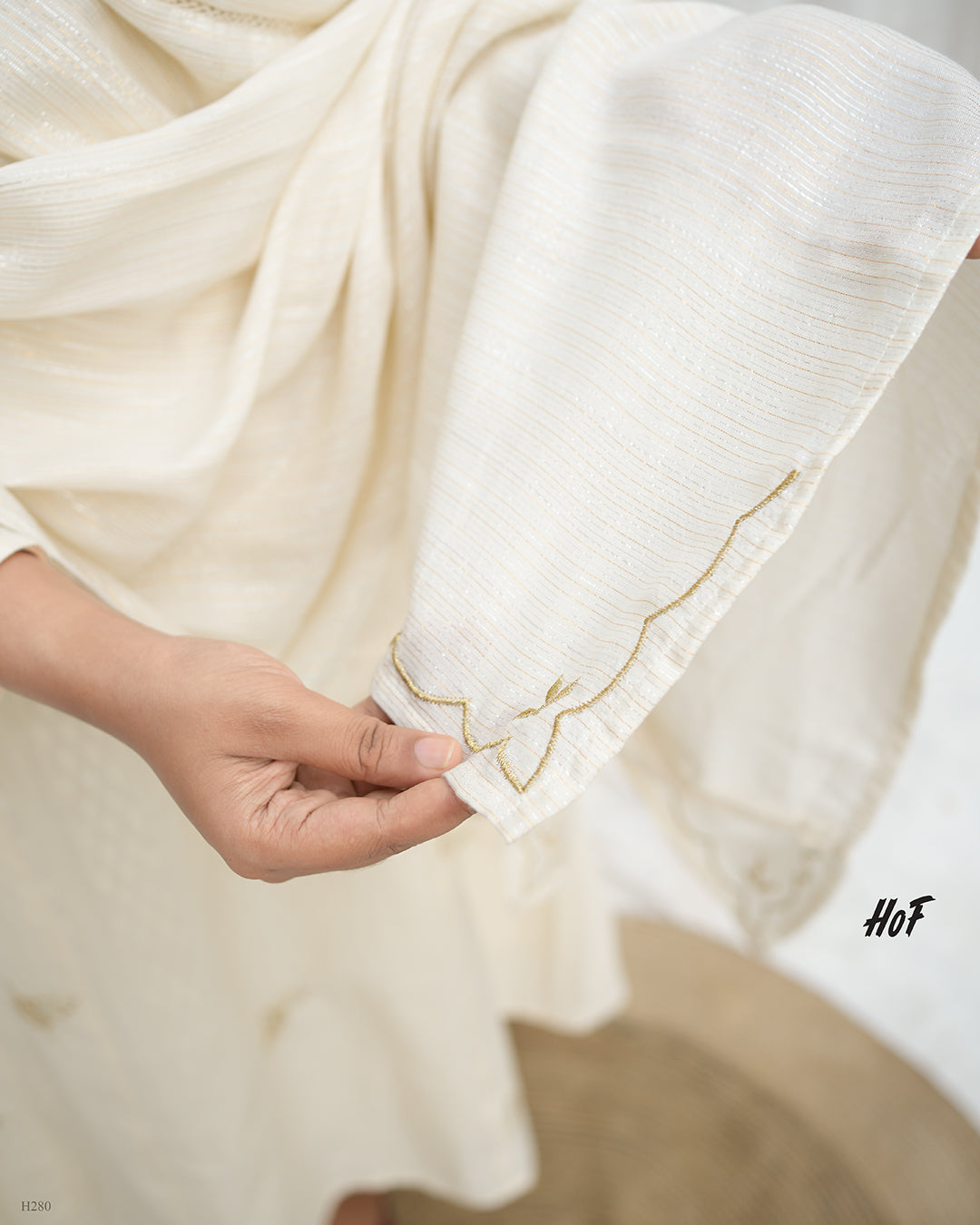 MyHof Off-White Suit Set With Floral Zari Embroidery In Cotton