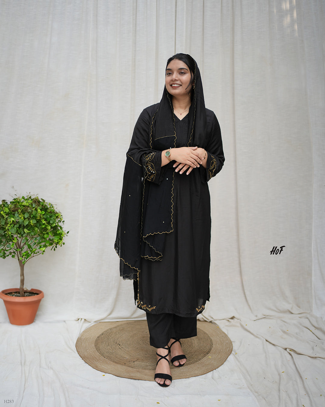 MyHof Black Suit Set With Hand Embroidery In Muslin