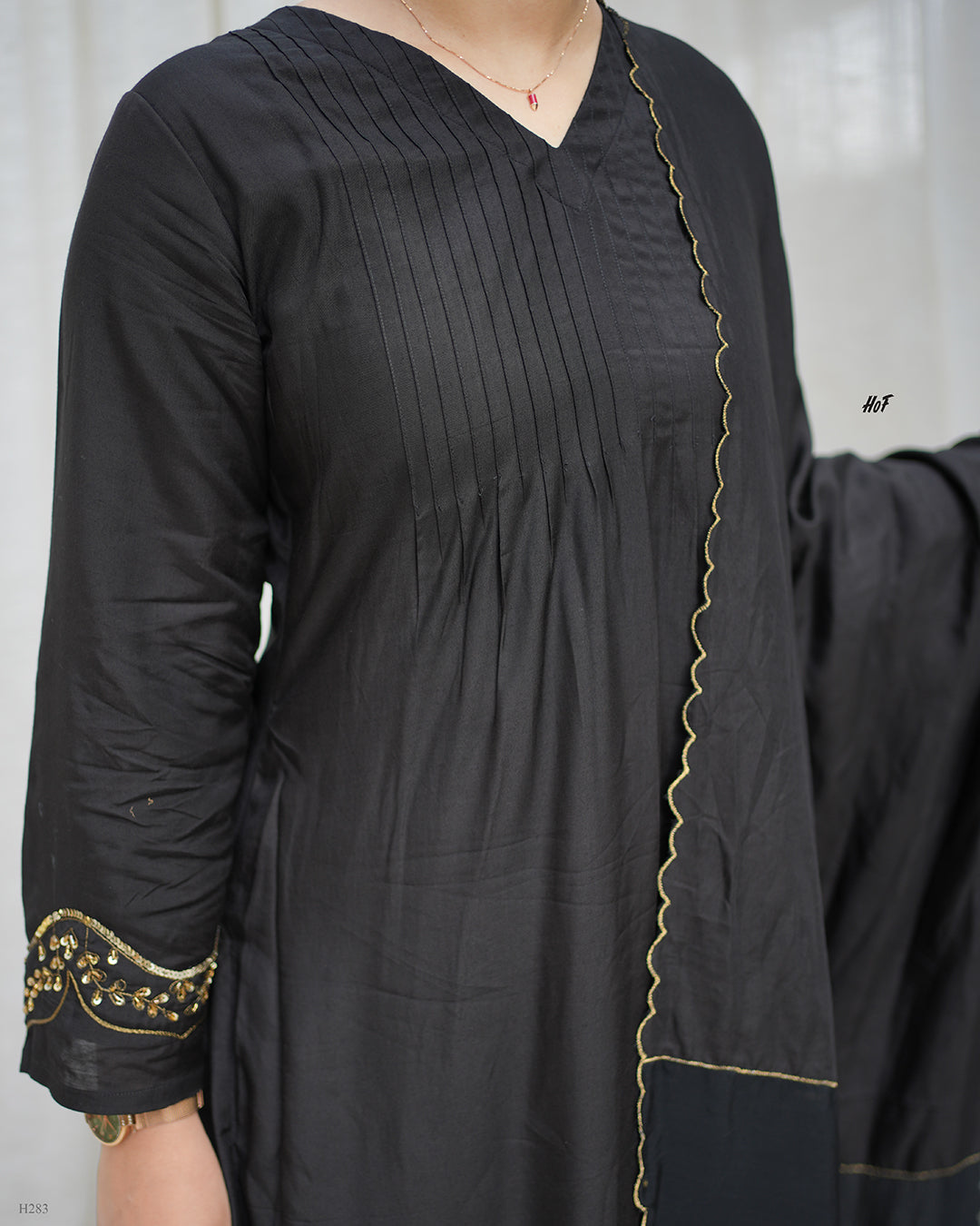 MyHof Black Suit Set With Hand Embroidery In Muslin