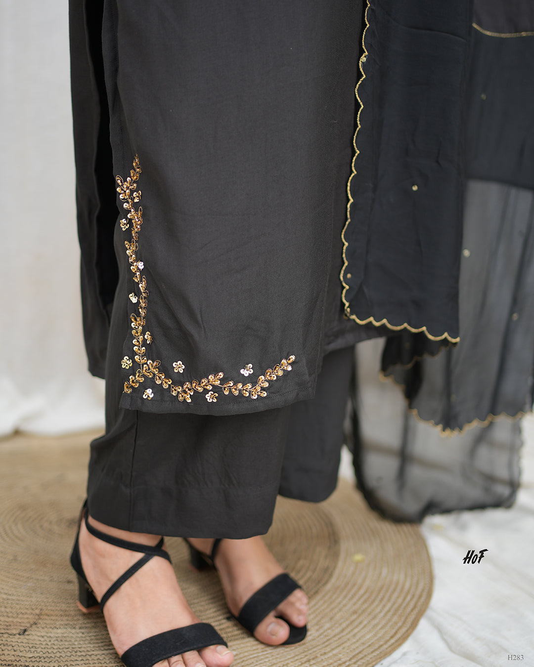 MyHof Black Suit Set With Hand Embroidery In Muslin