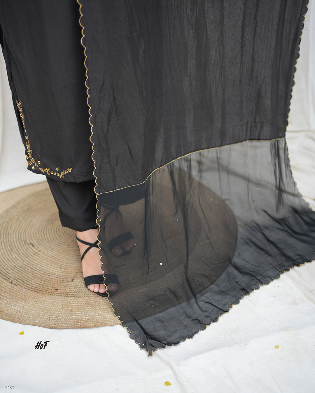 MyHof Black Suit Set With Hand Embroidery In Muslin