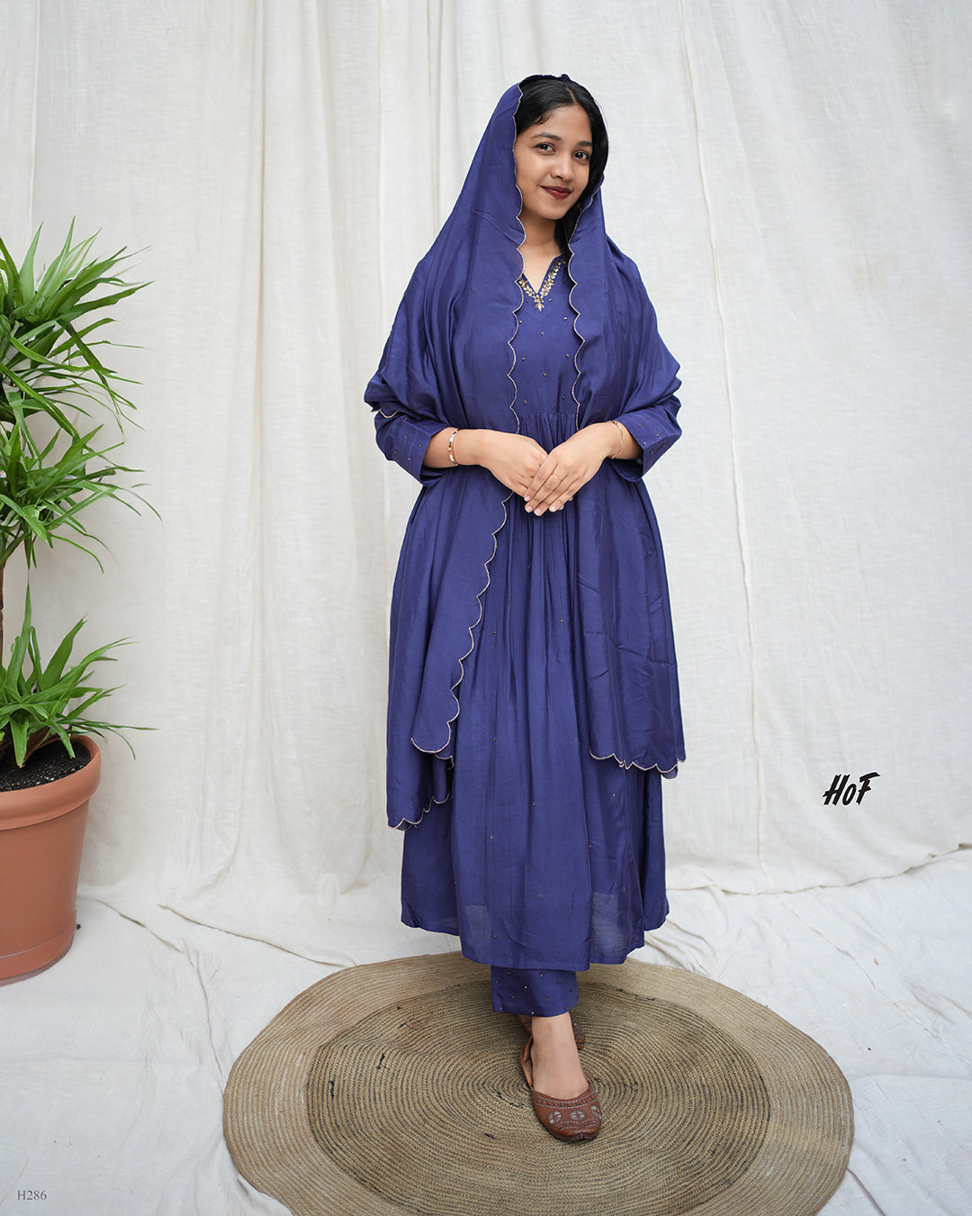 MyHof Royal Blue Hand Embroidery suit set In Muslin