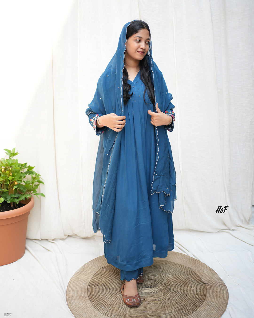 MyHof Teal Blue Hand Embroidery Suit Set In Crepe