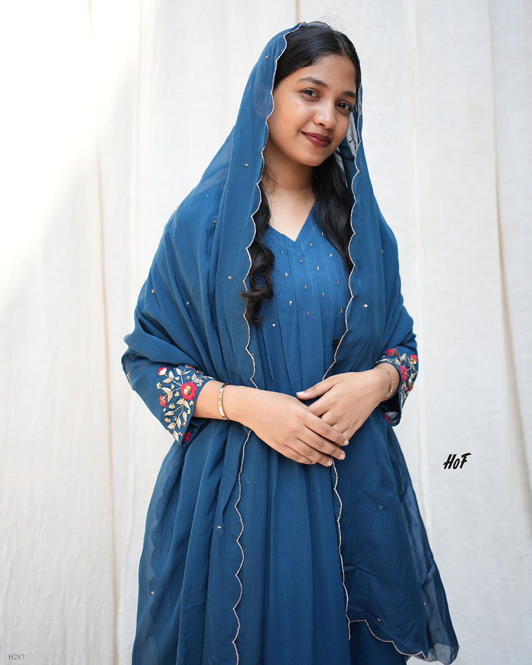 MyHof Teal Blue Hand Embroidery Suit Set In Crepe