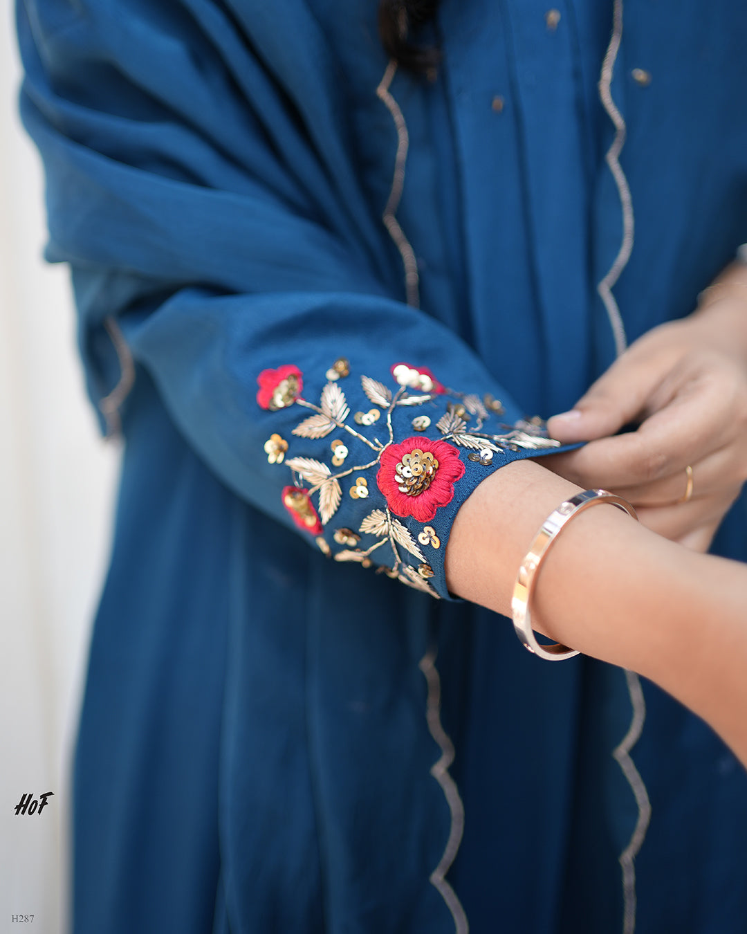 MyHof Teal Blue Hand Embroidery Suit Set In Crepe