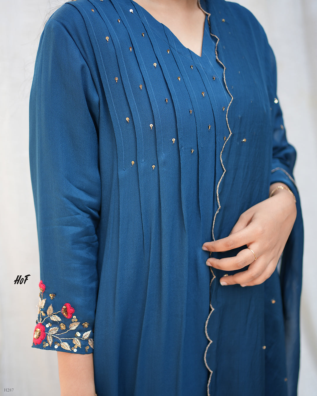 MyHof Teal Blue Hand Embroidery Suit Set In Crepe