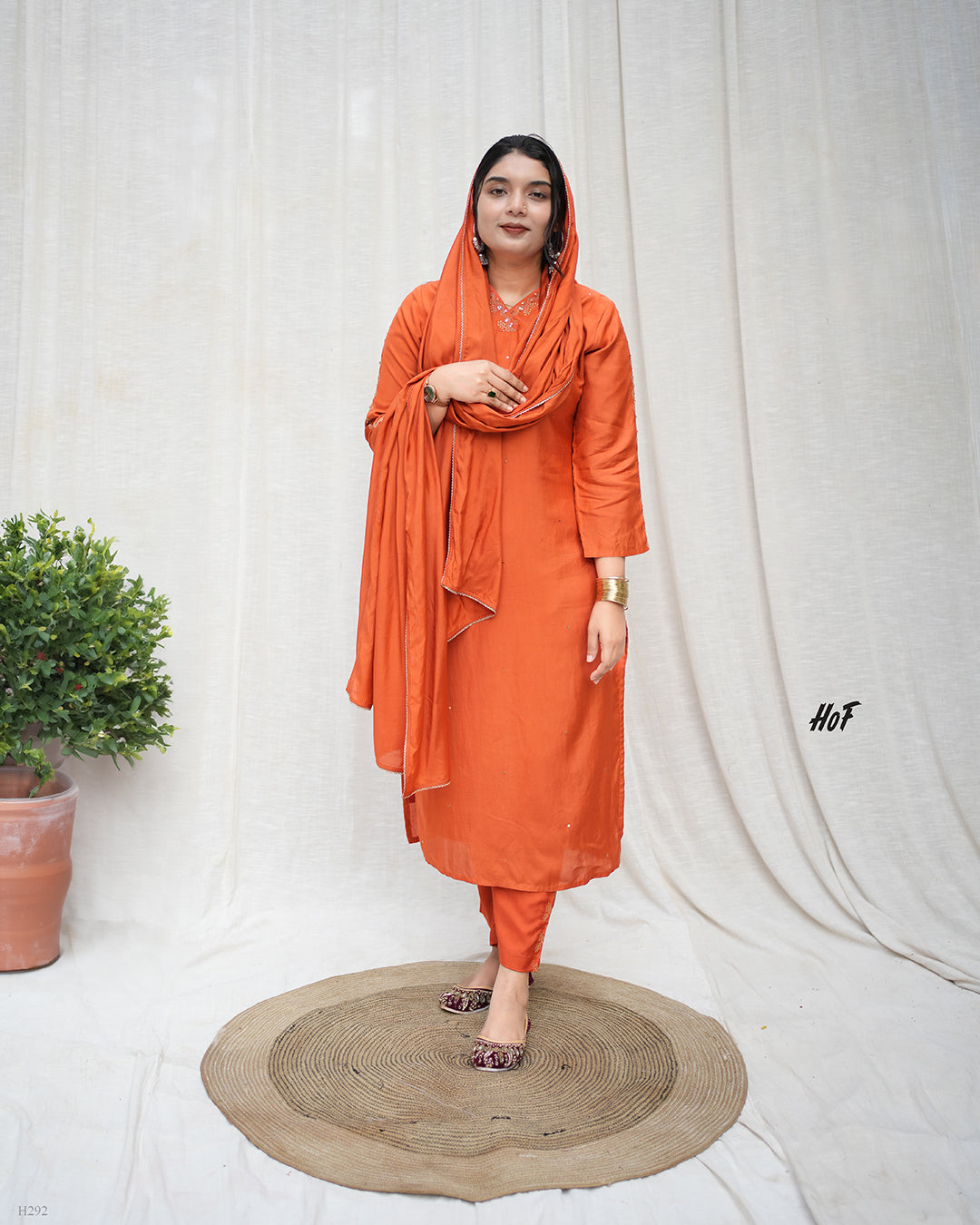 MyHof Rust Orange Hand Embroidery Suit Set In Muslin