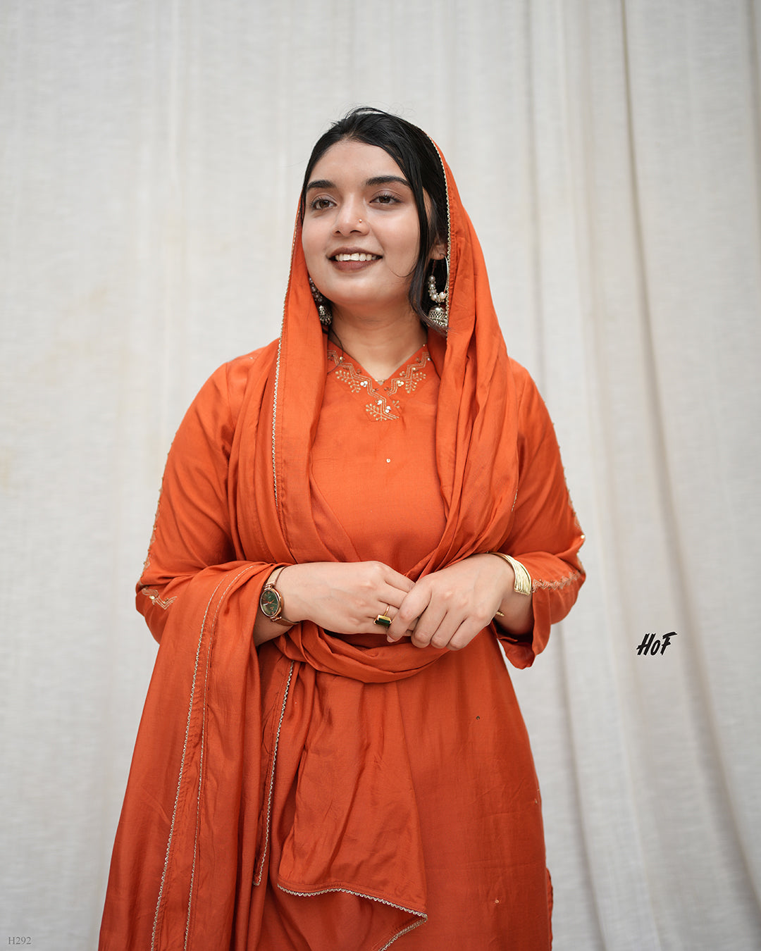 MyHof Rust Orange Hand Embroidery Suit Set In Muslin
