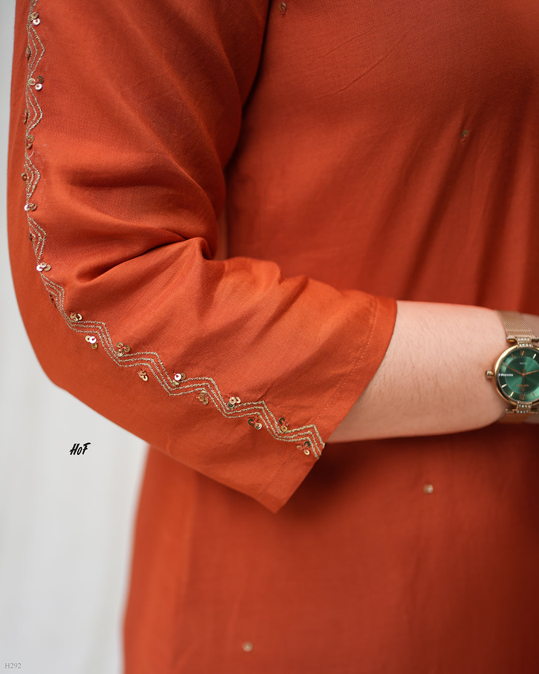 MyHof Rust Orange Hand Embroidery Suit Set In Muslin