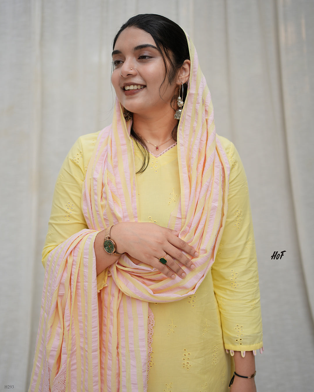 MyHof Yellow Suit Set With Pink Striped Dupatta In Cotton Hakoba