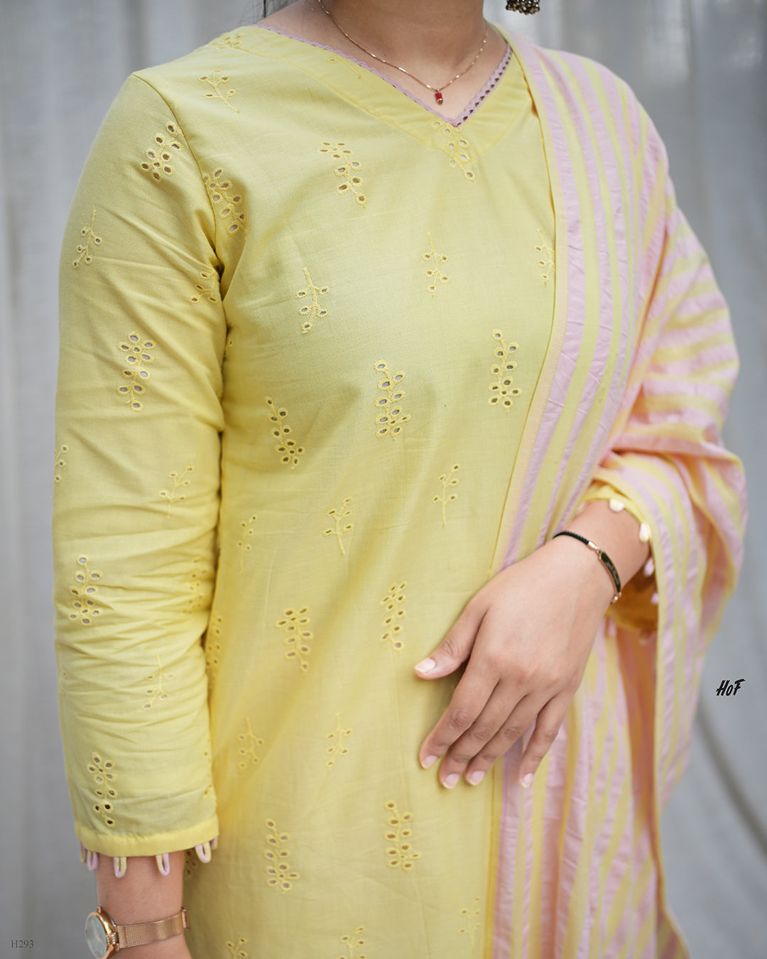 MyHof Yellow Suit Set With Pink Striped Dupatta In Cotton Hakoba