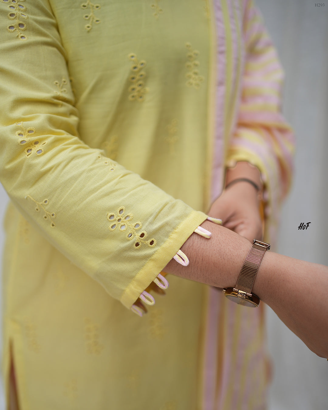 MyHof Yellow Suit Set With Pink Striped Dupatta In Cotton Hakoba