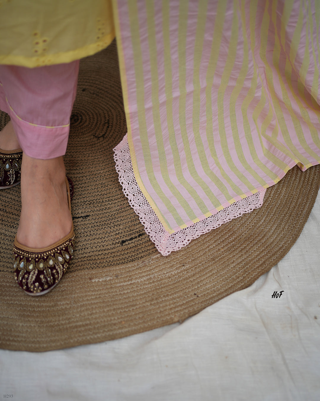 MyHof Yellow Suit Set With Pink Striped Dupatta In Cotton Hakoba