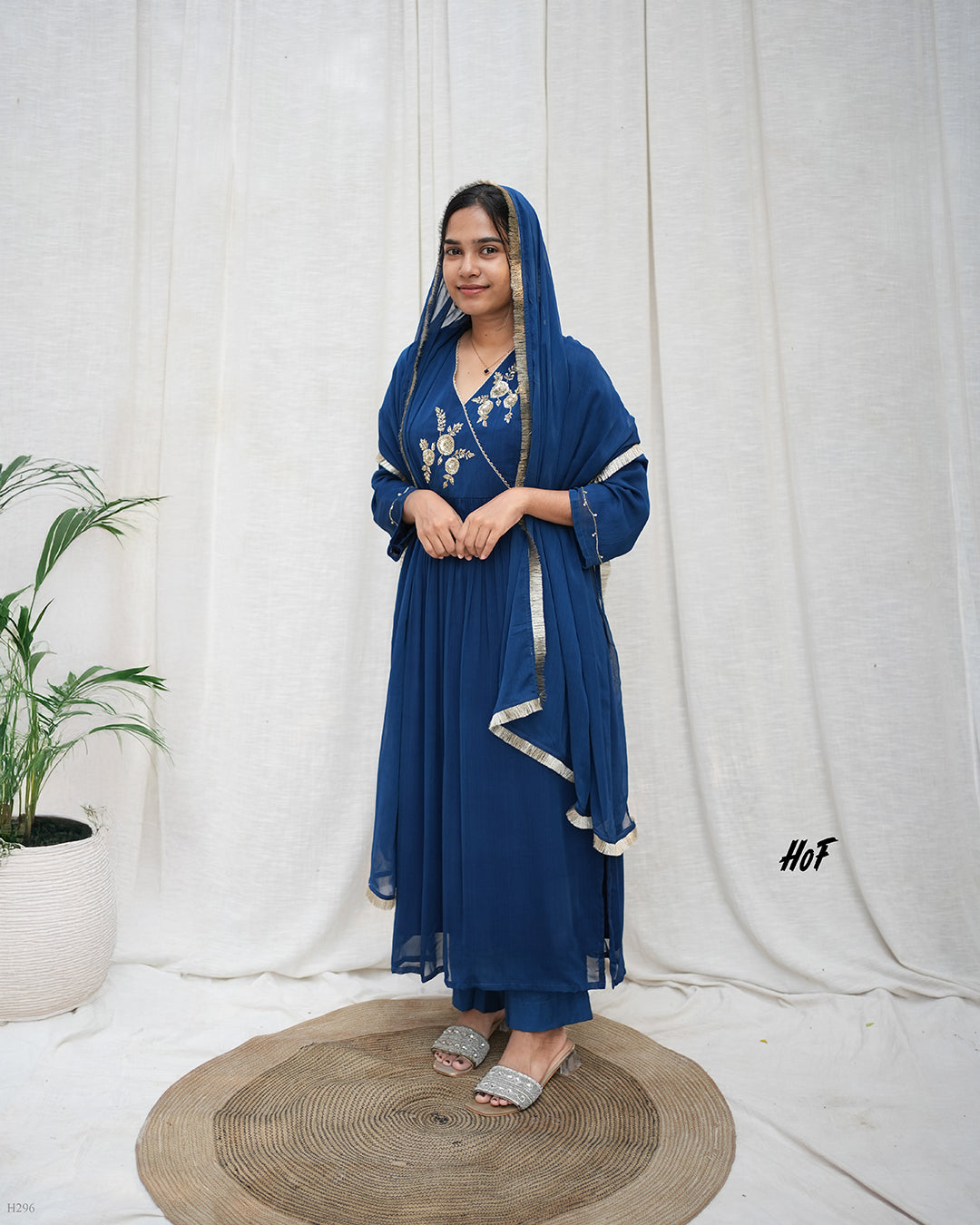MyHof Royal Blue Hand Embroidery Suit Set In Georgette