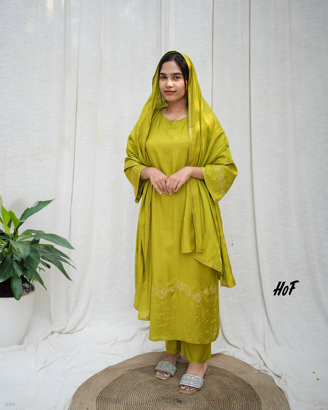 MyHof Lemon Green Suit Set With Zari Embroidery Work In Muslin