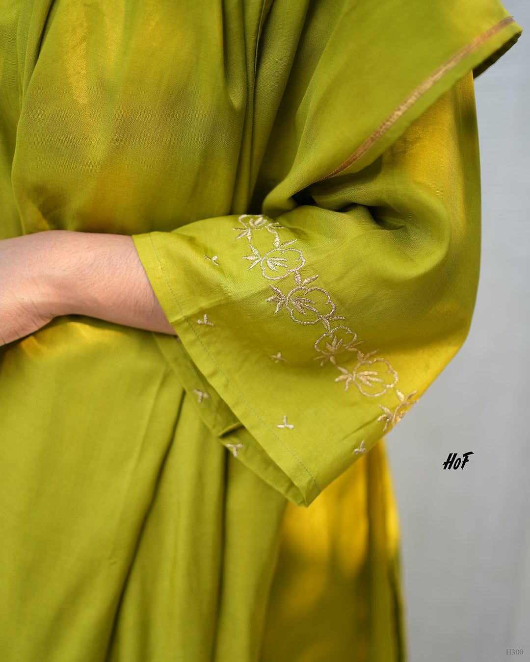 MyHof Lemon Green Suit Set With Zari Embroidery Work In Muslin
