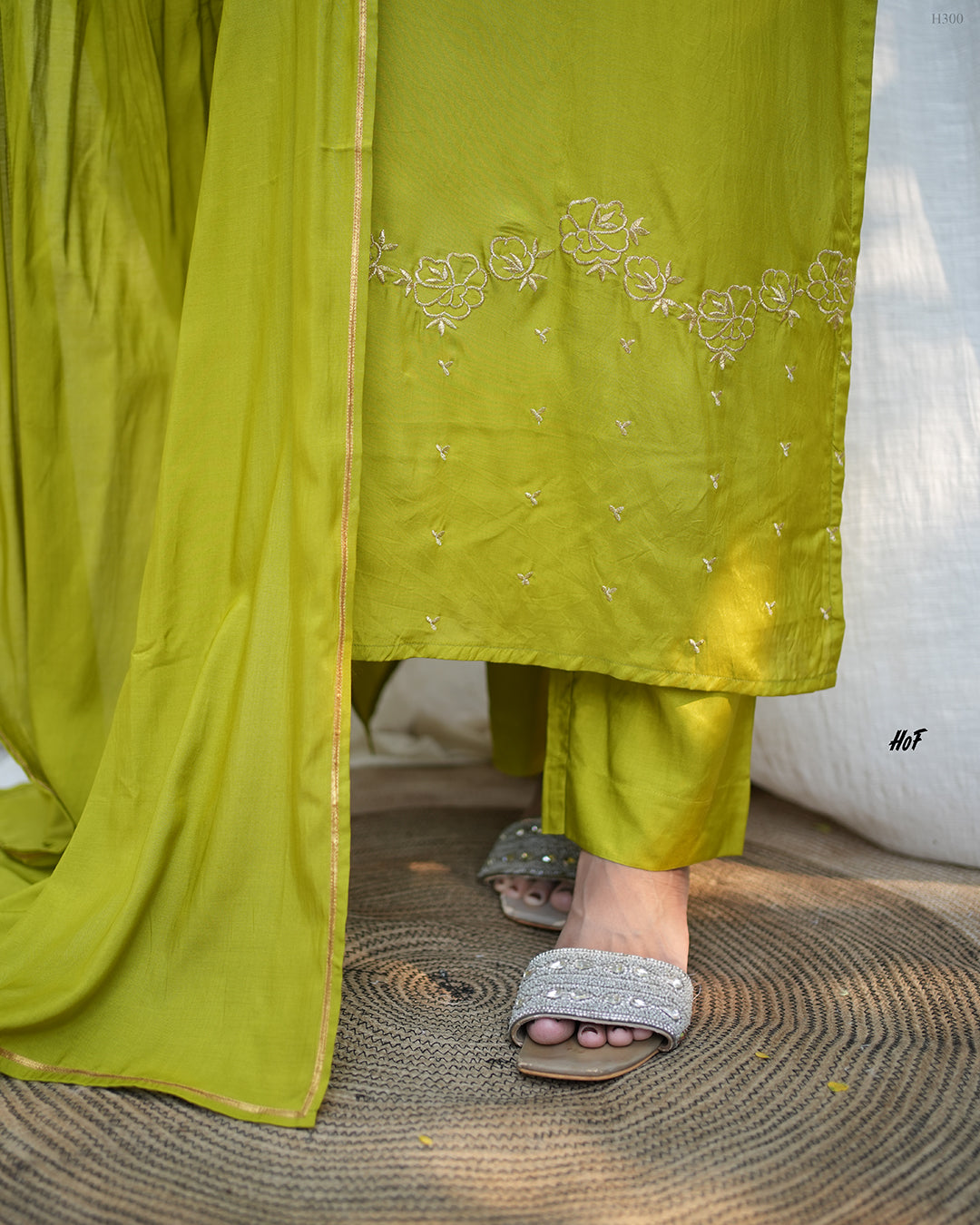 MyHof Lemon Green Suit Set With Zari Embroidery Work In Muslin