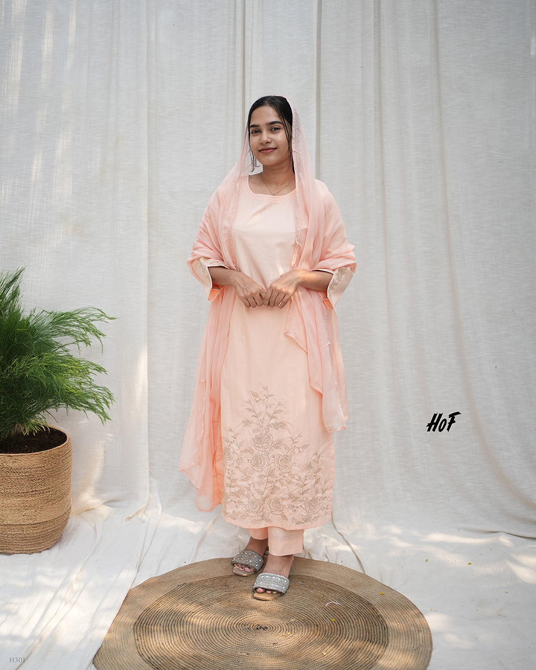 MyHof Peach Suit  Set With Zari Embroidery Work In Cotton