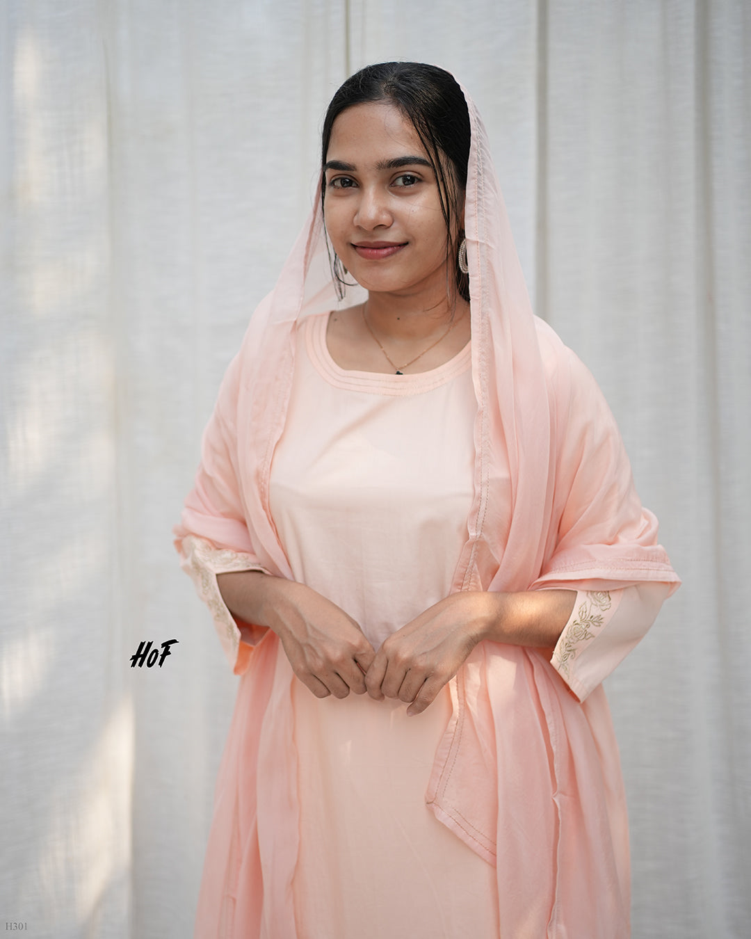 MyHof Peach Suit  Set With Zari Embroidery Work In Cotton