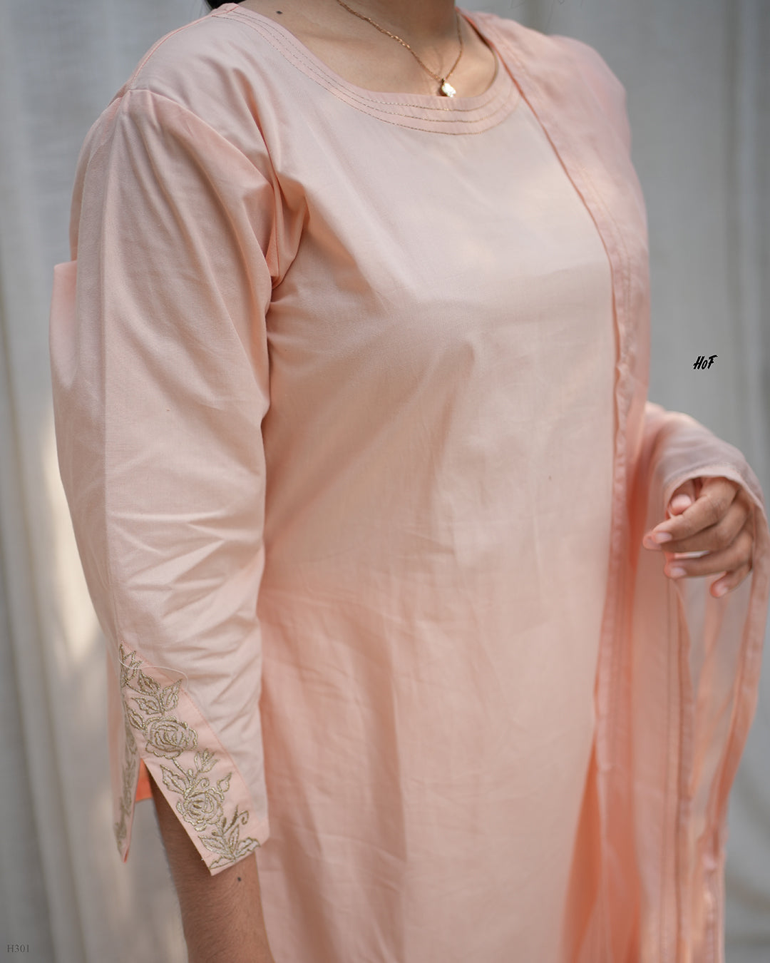MyHof Peach Suit  Set With Zari Embroidery Work In Cotton