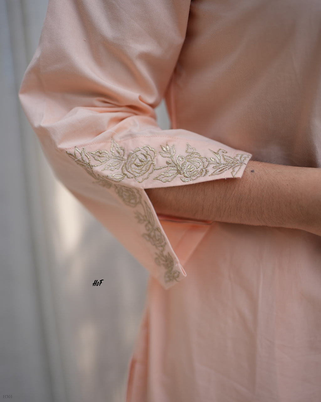 MyHof Peach Suit  Set With Zari Embroidery Work In Cotton