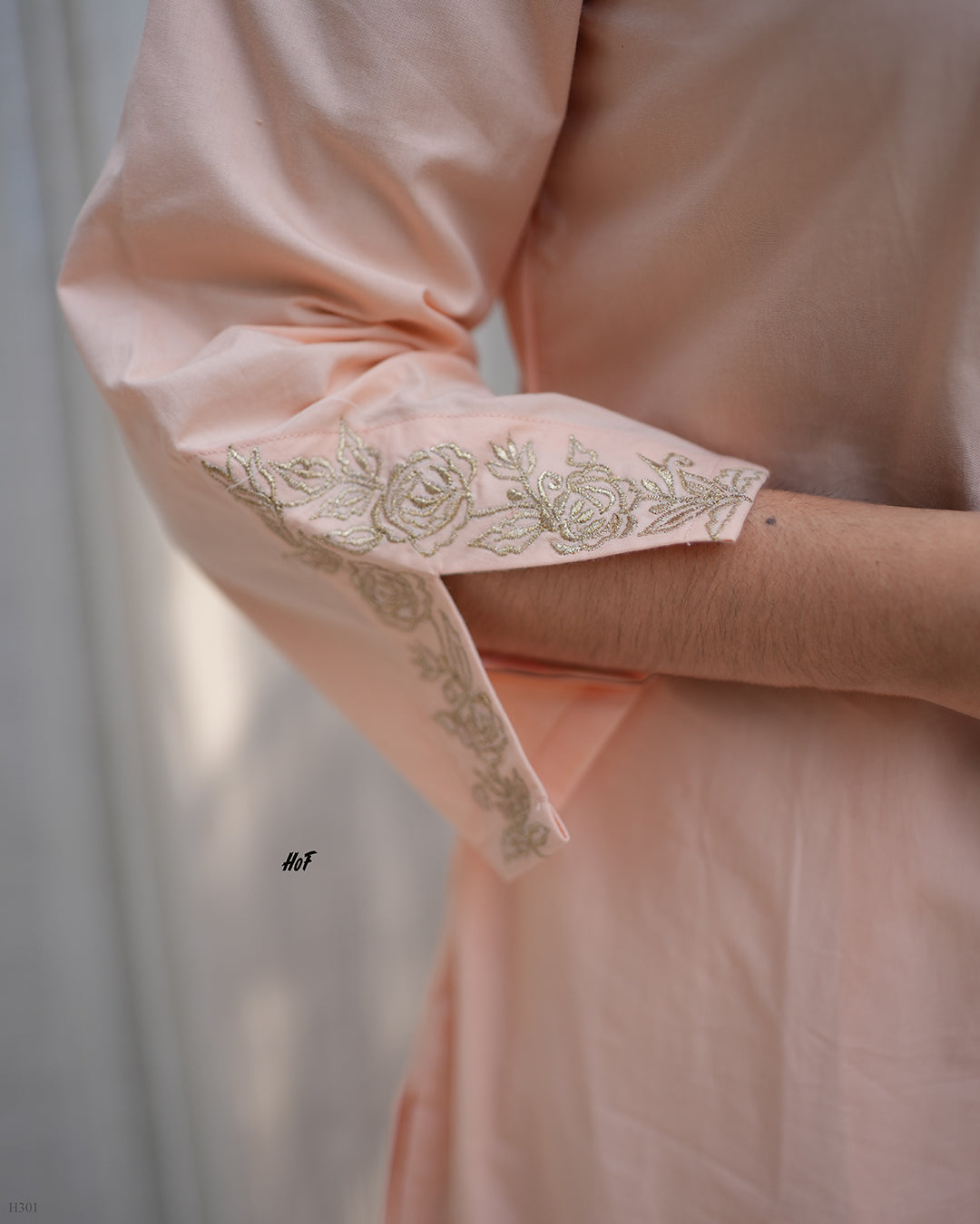 MyHof Peach Suit  Set With Zari Embroidery Work In Cotton