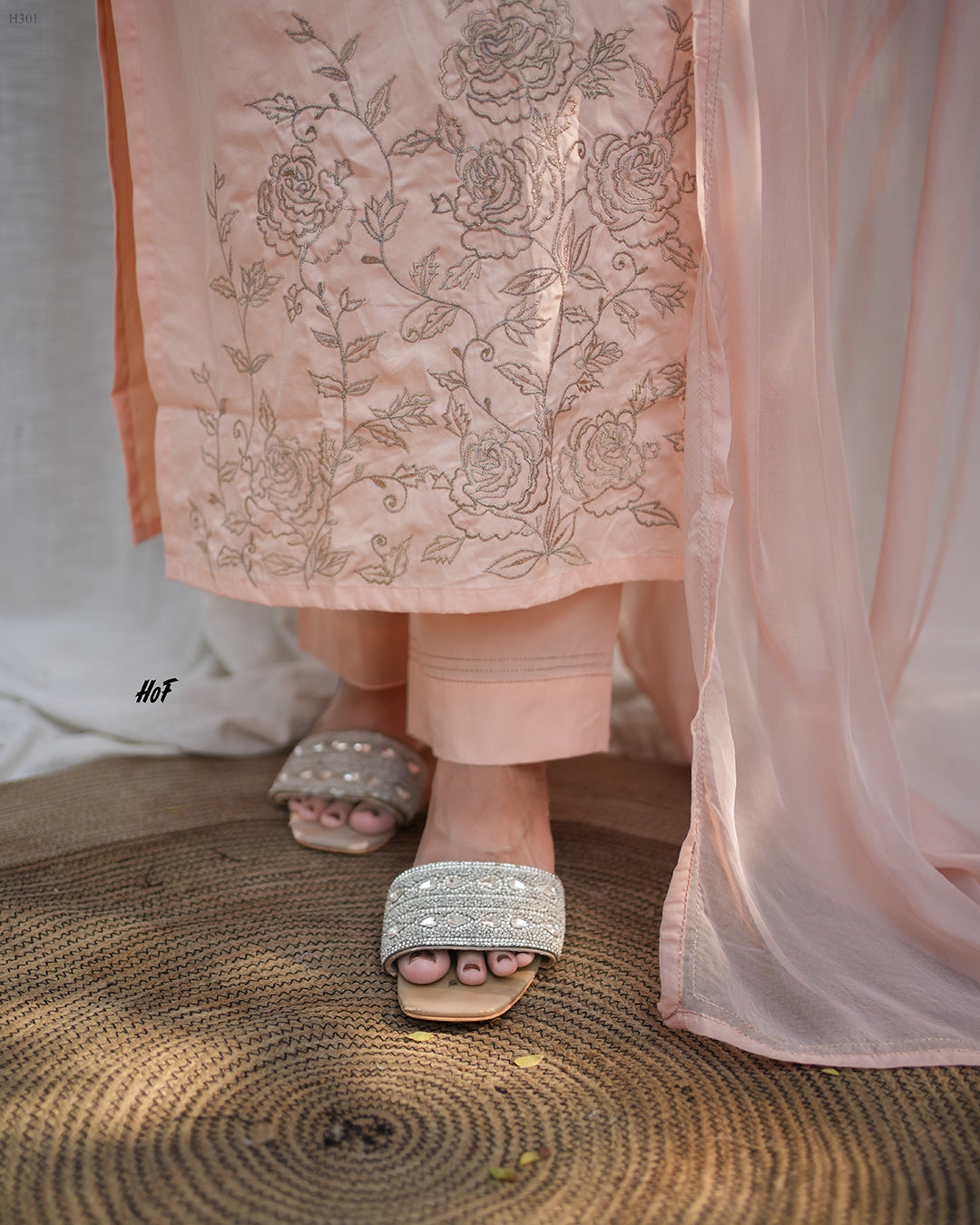 MyHof Peach Suit  Set With Zari Embroidery Work In Cotton