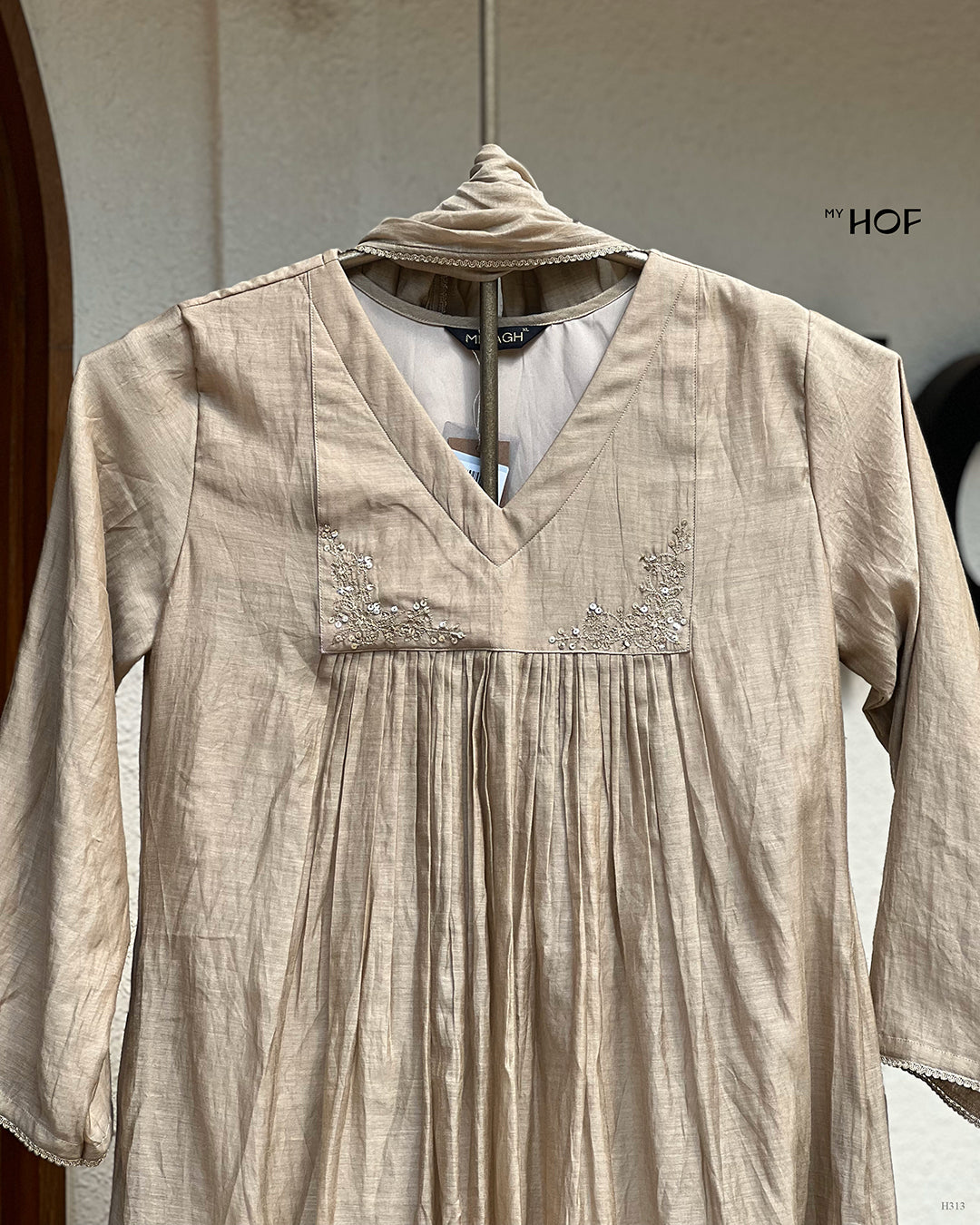 MY HOF Chiku Shade Suit Set With Hand Embroidery In Mul Chanderi