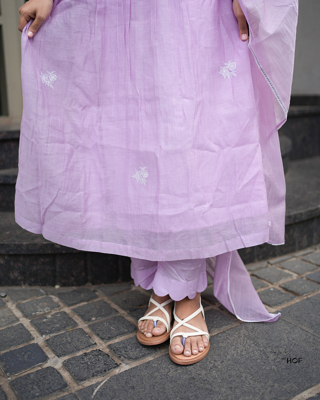 MY HOF Lavender Suit Set With Floral Embroidery In Mul Chanderi