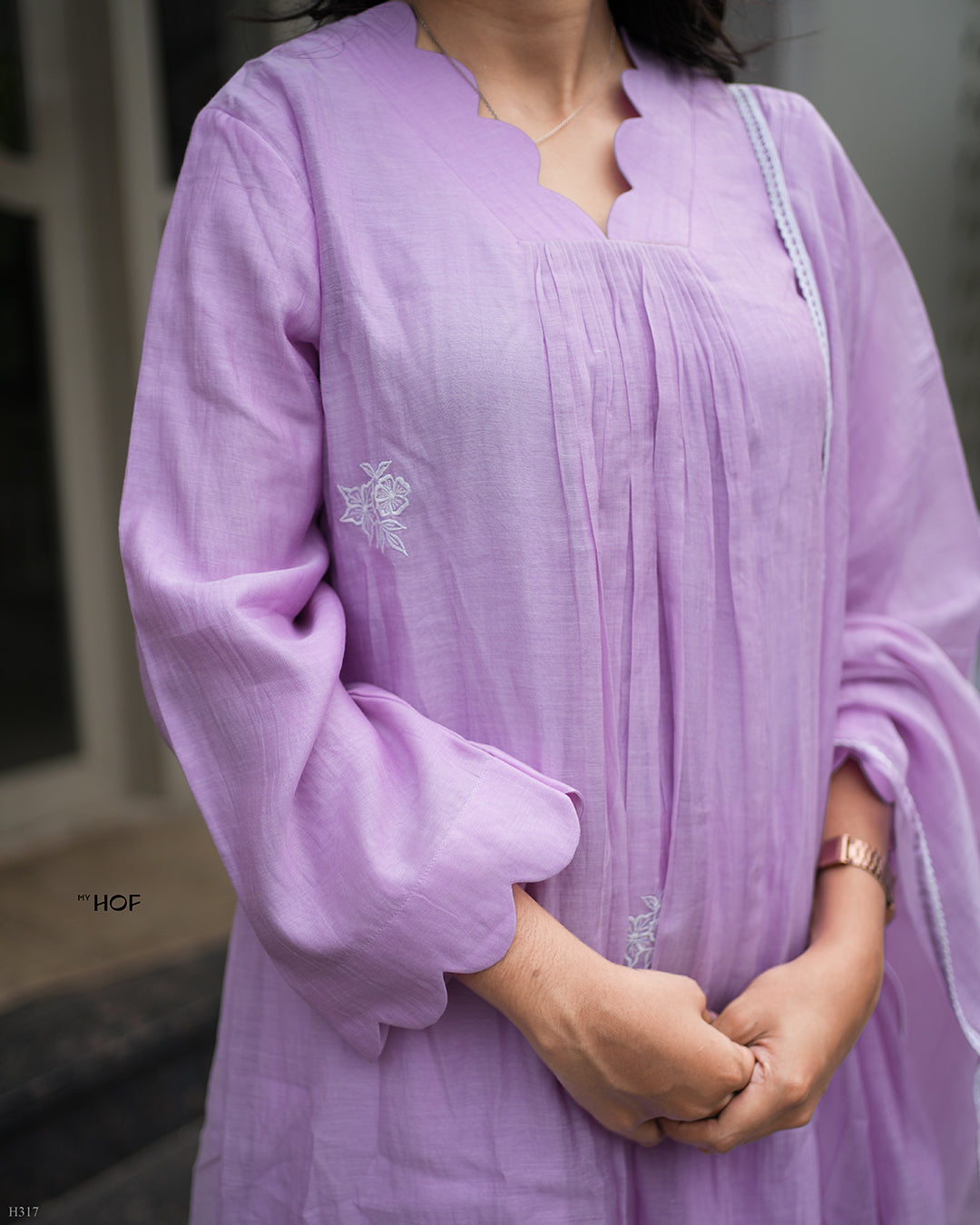 MY HOF Lavender Suit Set With Floral Embroidery In Mul Chanderi