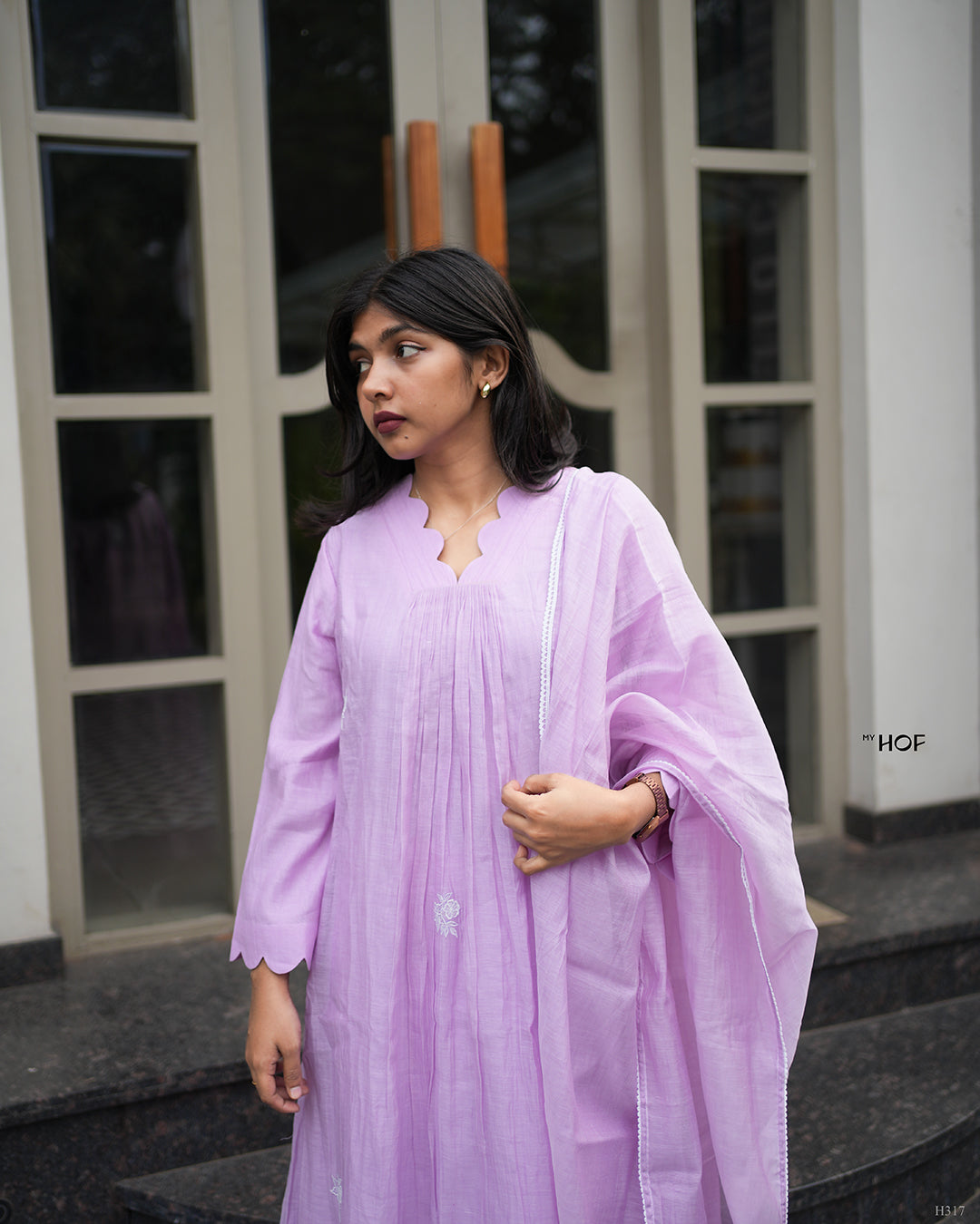 MY HOF Lavender Suit Set With Floral Embroidery In Mul Chanderi