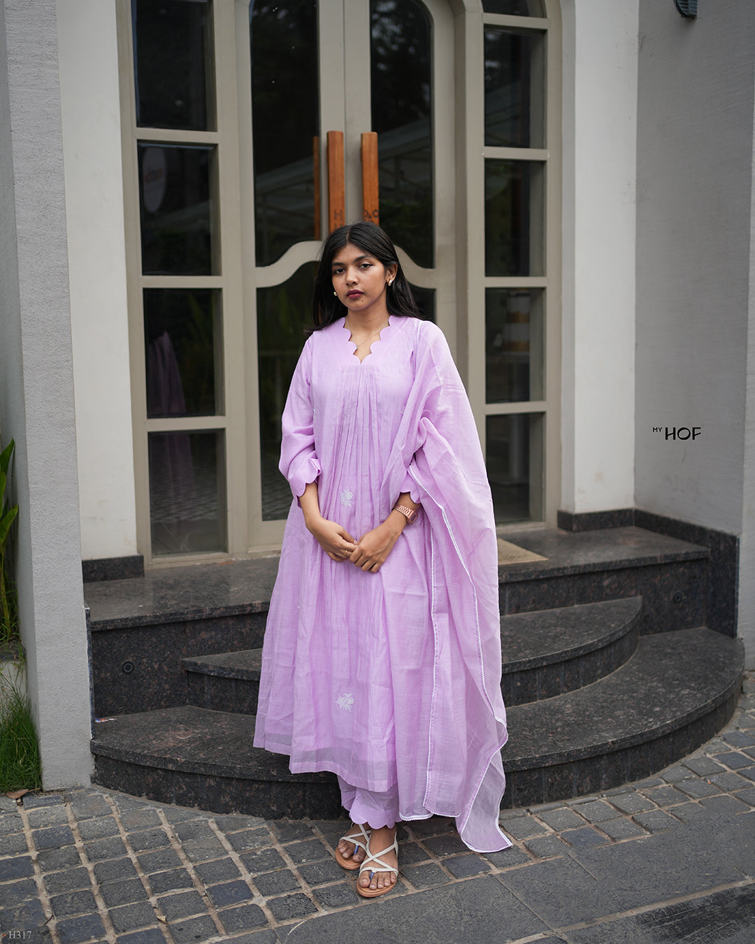 MY HOF Lavender Suit Set With Floral Embroidery In Mul Chanderi