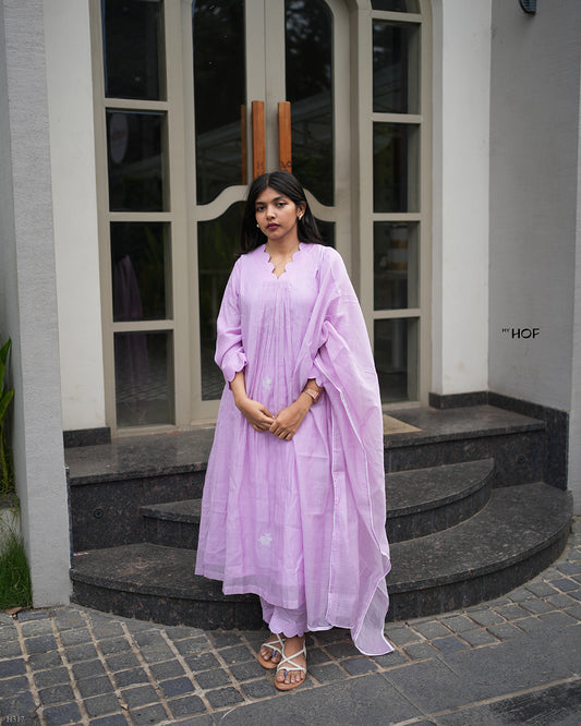 MY HOF Lavender Suit Set With Floral Embroidery In Mul Chanderi