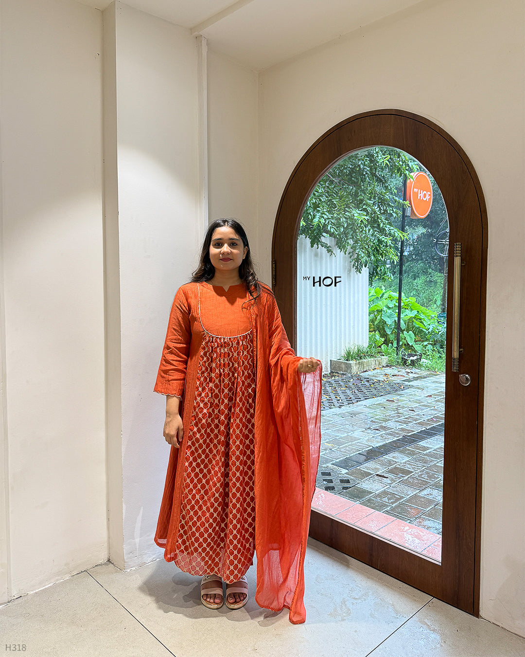 MY HOF Rust Orange Self Designed Suit Set In Mul Chanderi