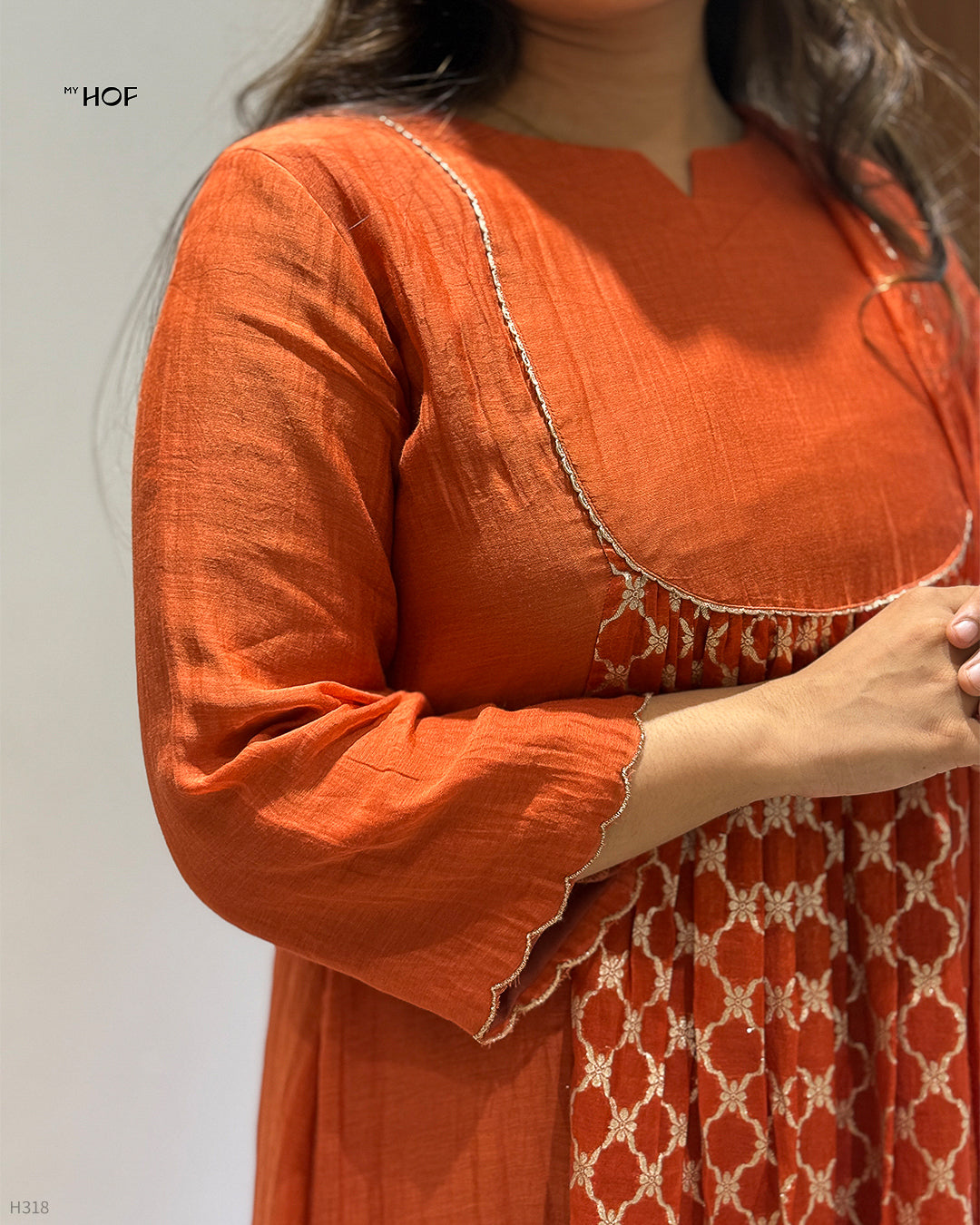 MY HOF Rust Orange Self Designed Suit Set In Mul Chanderi