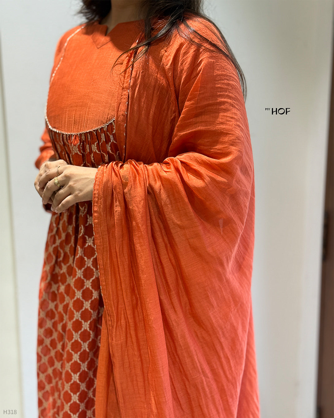 MY HOF Rust Orange Self Designed Suit Set In Mul Chanderi