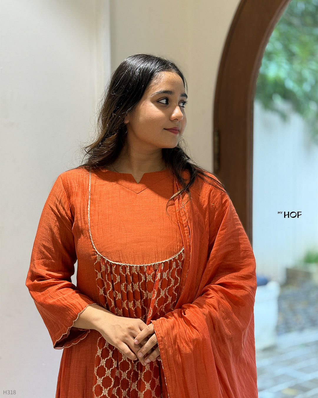 MY HOF Rust Orange Self Designed Suit Set In Mul Chanderi