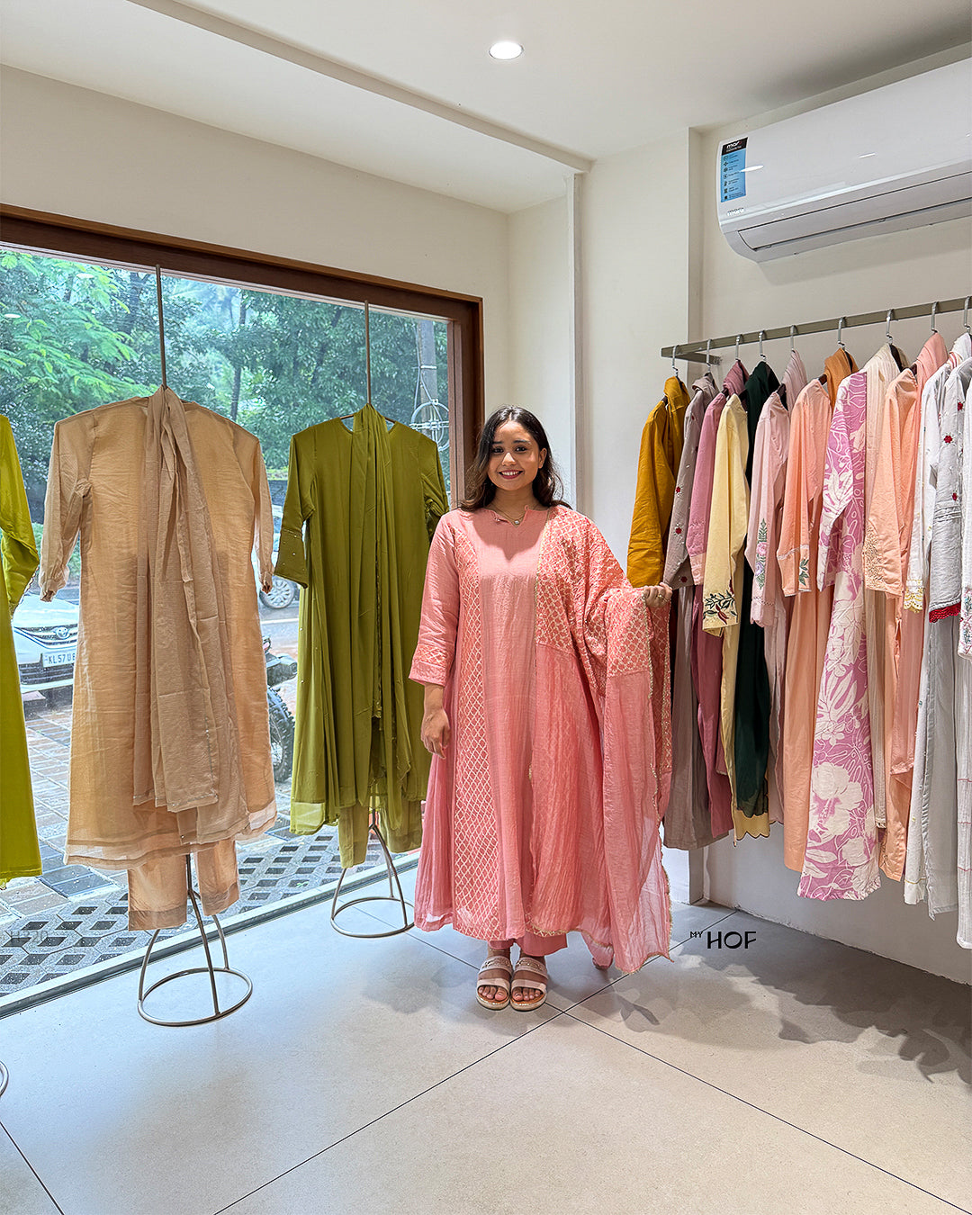 MY HOF Candy Pink Suit Set In Mul Chanderi